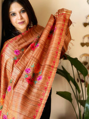 Orange Kashmiri Aari Embroidered Dupatta in Geecha Silk - Masakalee