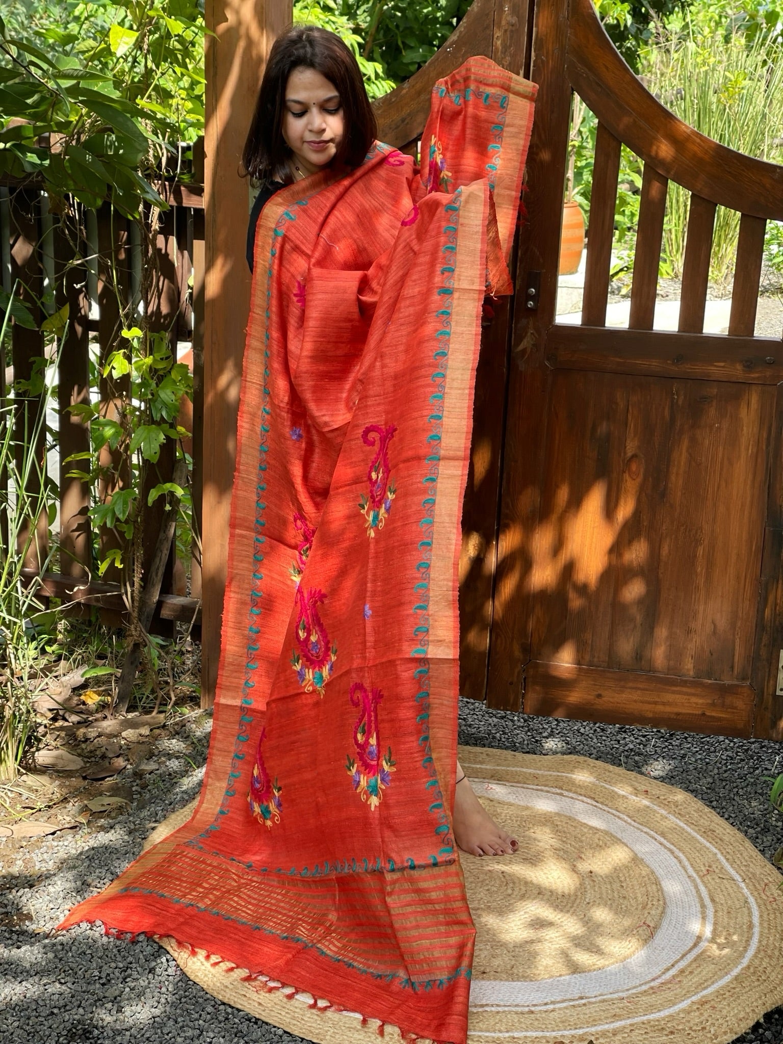 Orange Kashmiri Aari Embroidered Dupatta in Geecha Silk - Masakalee