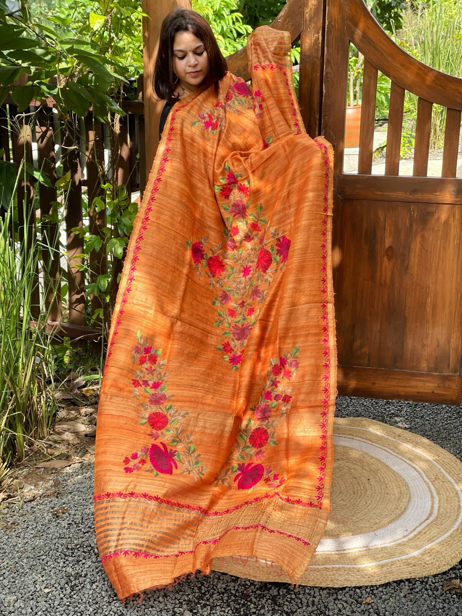 Orange Kashmiri Aari Embroidered Dupatta in Geecha Silk - Masakalee
