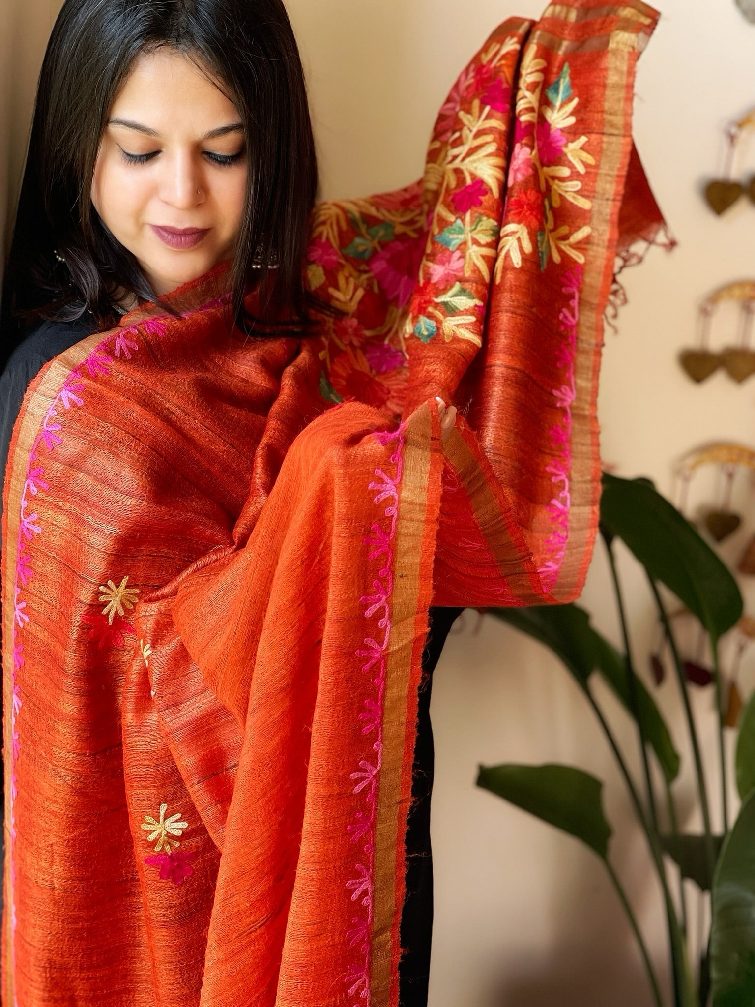 Orange Kashmiri Aari Embroidered Dupatta in Geecha Silk - Masakalee