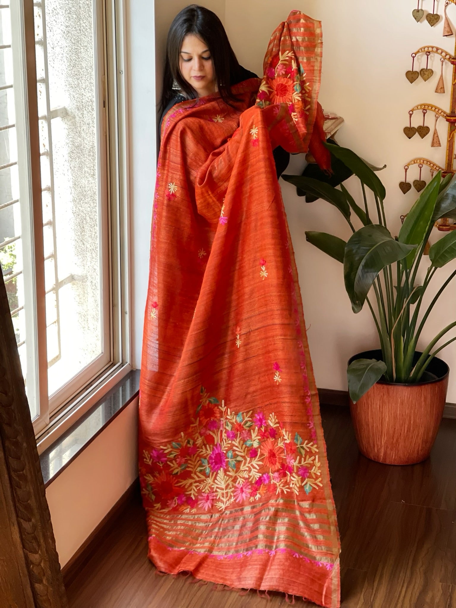 Orange Kashmiri Aari Embroidered Dupatta in Geecha Silk - Masakalee