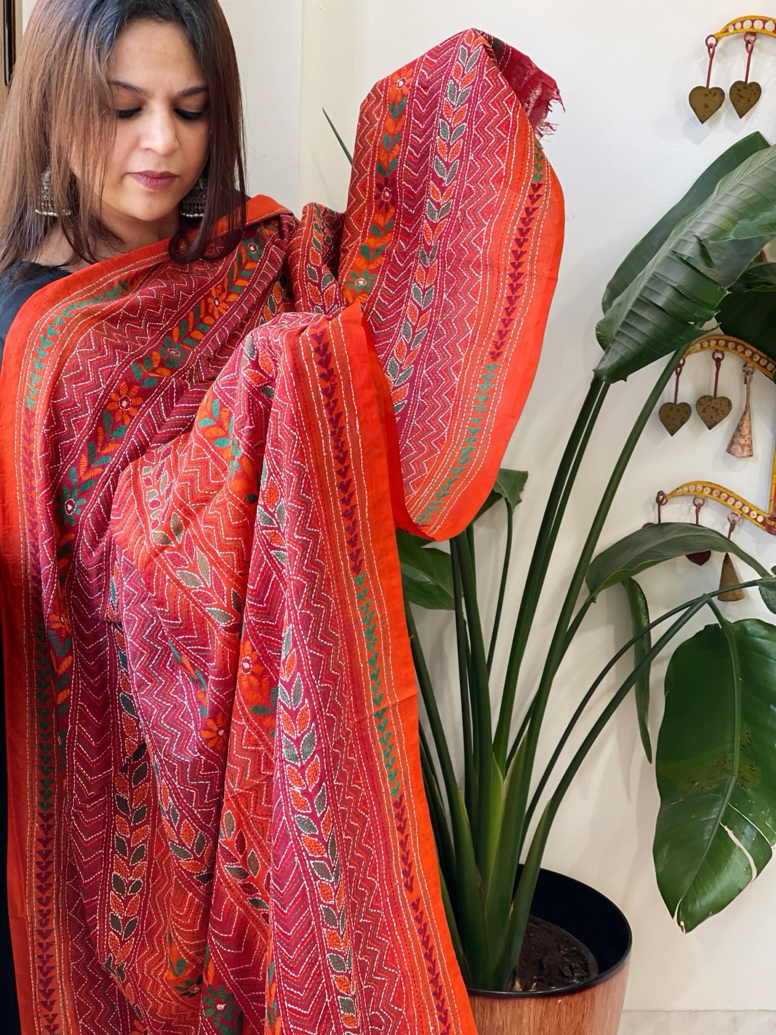 Orange, Maroon Handmade Kantha Dupatta in Silk - Masakalee