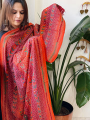 Orange, Maroon Handmade Kantha Dupatta in Silk - Masakalee