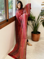Orange, Maroon Handmade Kantha Dupatta in Silk - Masakalee