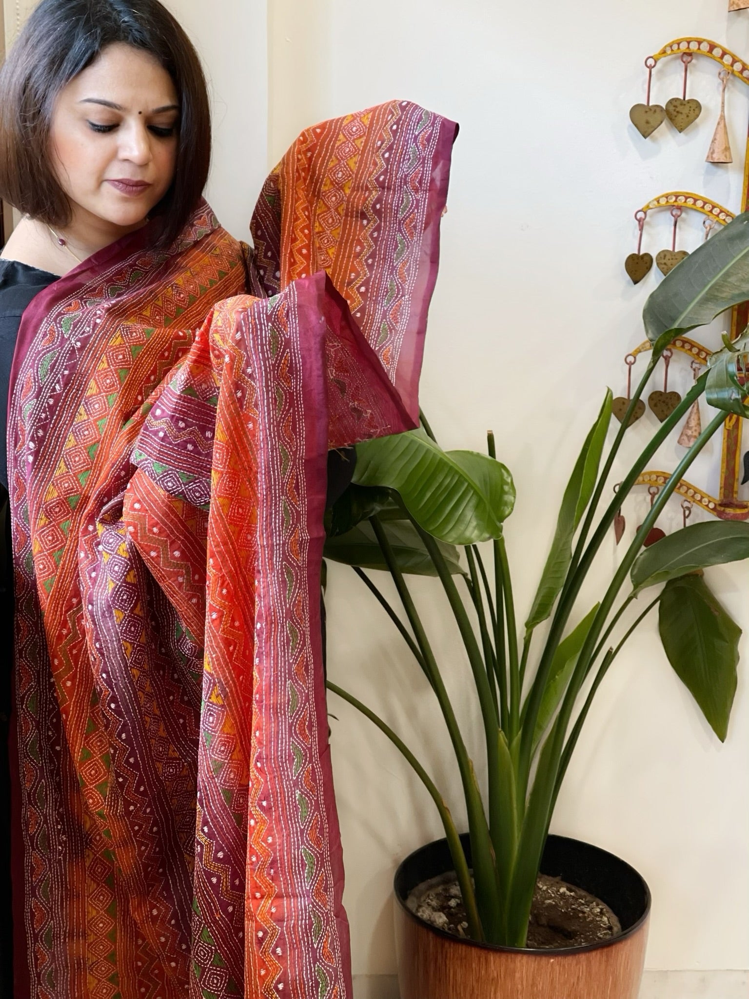 Orange, Maroon Handmade Kantha Dupatta in Silk - Masakalee