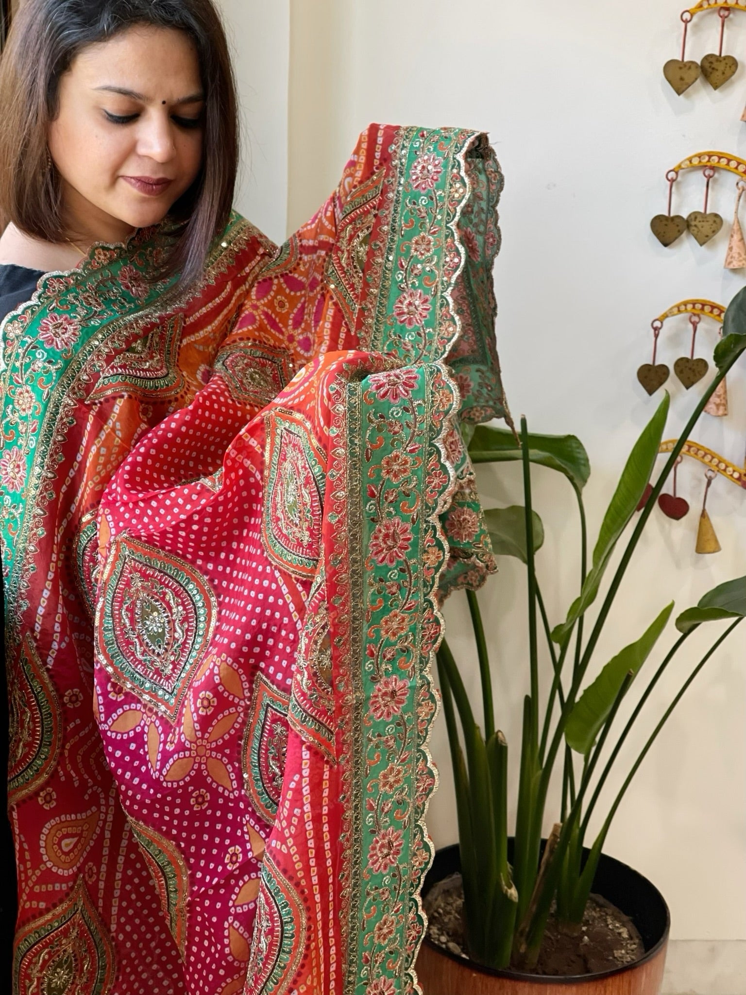 Orange, Pink Chinon Dupatta with Aari Embroidery - Masakalee