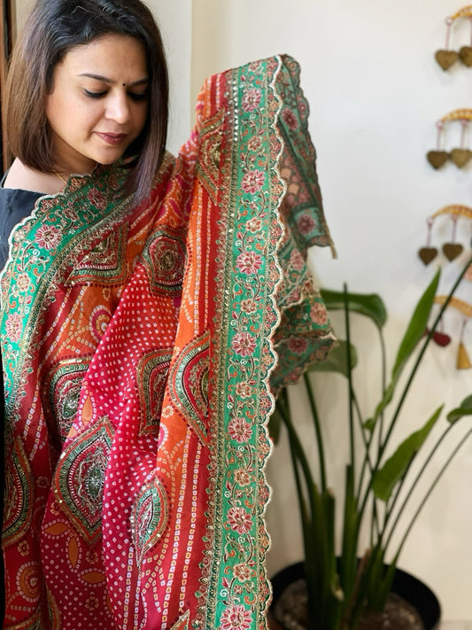 Orange, Pink Chinon Dupatta with Aari Embroidery - Masakalee