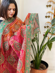 Orange, Pink Chinon Dupatta with Aari Embroidery - Masakalee