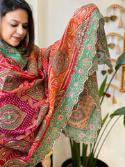Orange, Pink Chinon Dupatta with Aari Embroidery - Masakalee