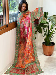 Orange, Pink Chinon Dupatta with Aari Embroidery - Masakalee