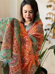 Orange, Pink Chinon Dupatta with Aari Embroidery - Masakalee
