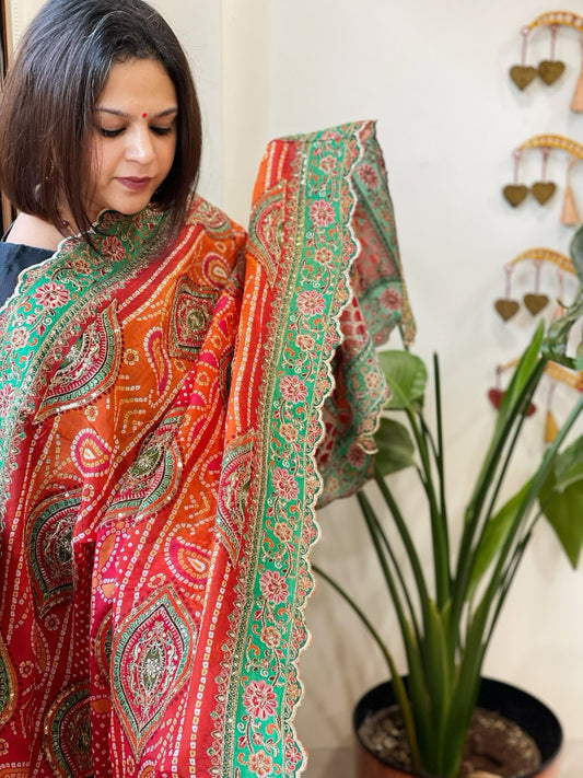 Orange, Pink Chinon Dupatta with Aari Embroidery - Masakalee