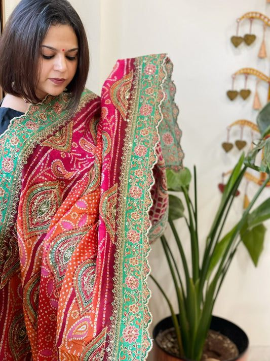Orange Pink Chinon Dupatta with Aari Embroidery - Masakalee