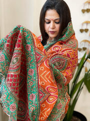Orange, Pink Chinon Dupatta with Aari Embroidery - Masakalee