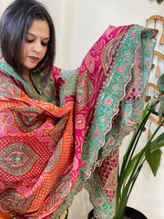 Orange Pink Chinon Dupatta with Aari Embroidery - Masakalee