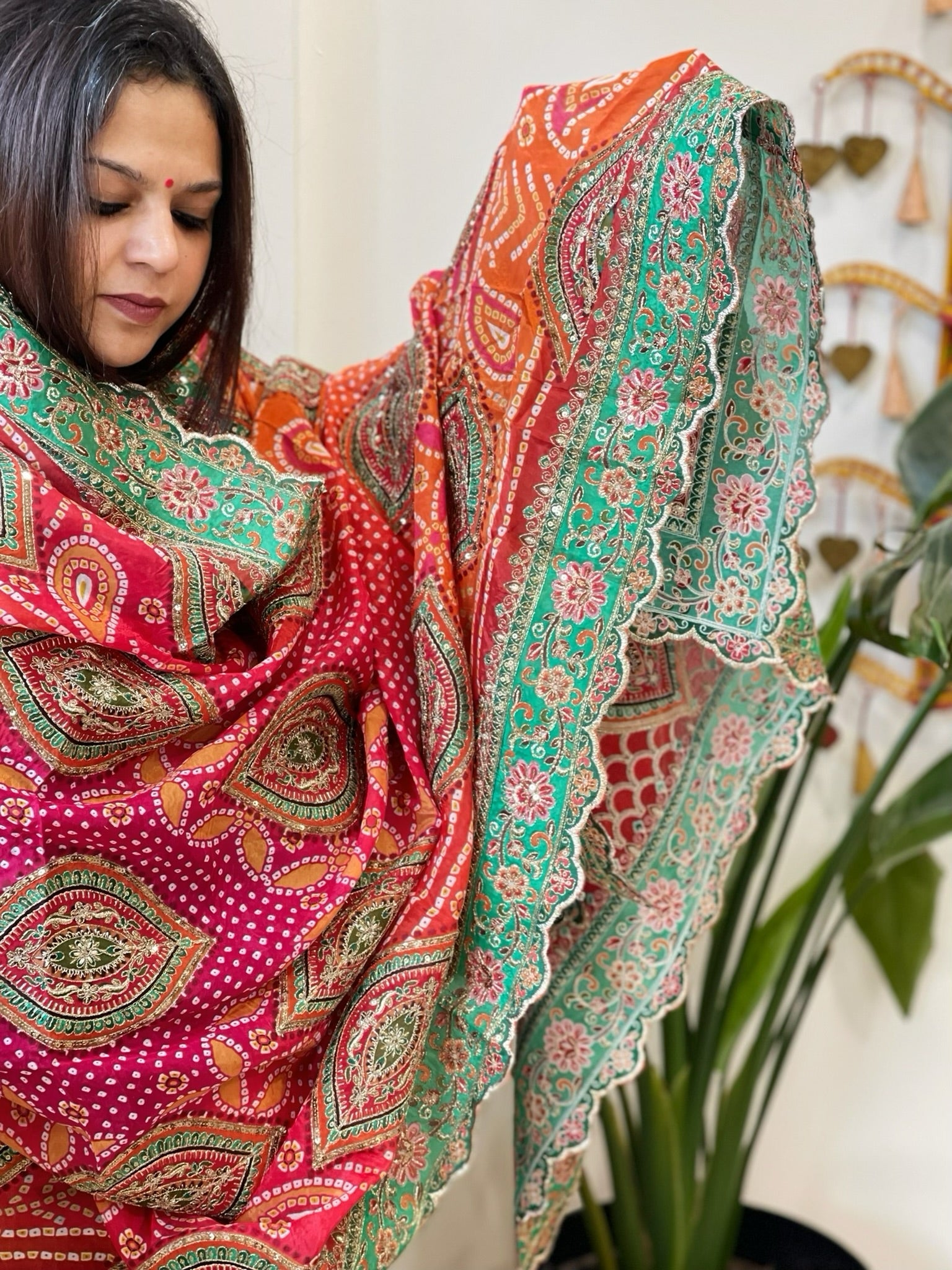Orange, Pink Chinon Dupatta with Aari Embroidery - Masakalee