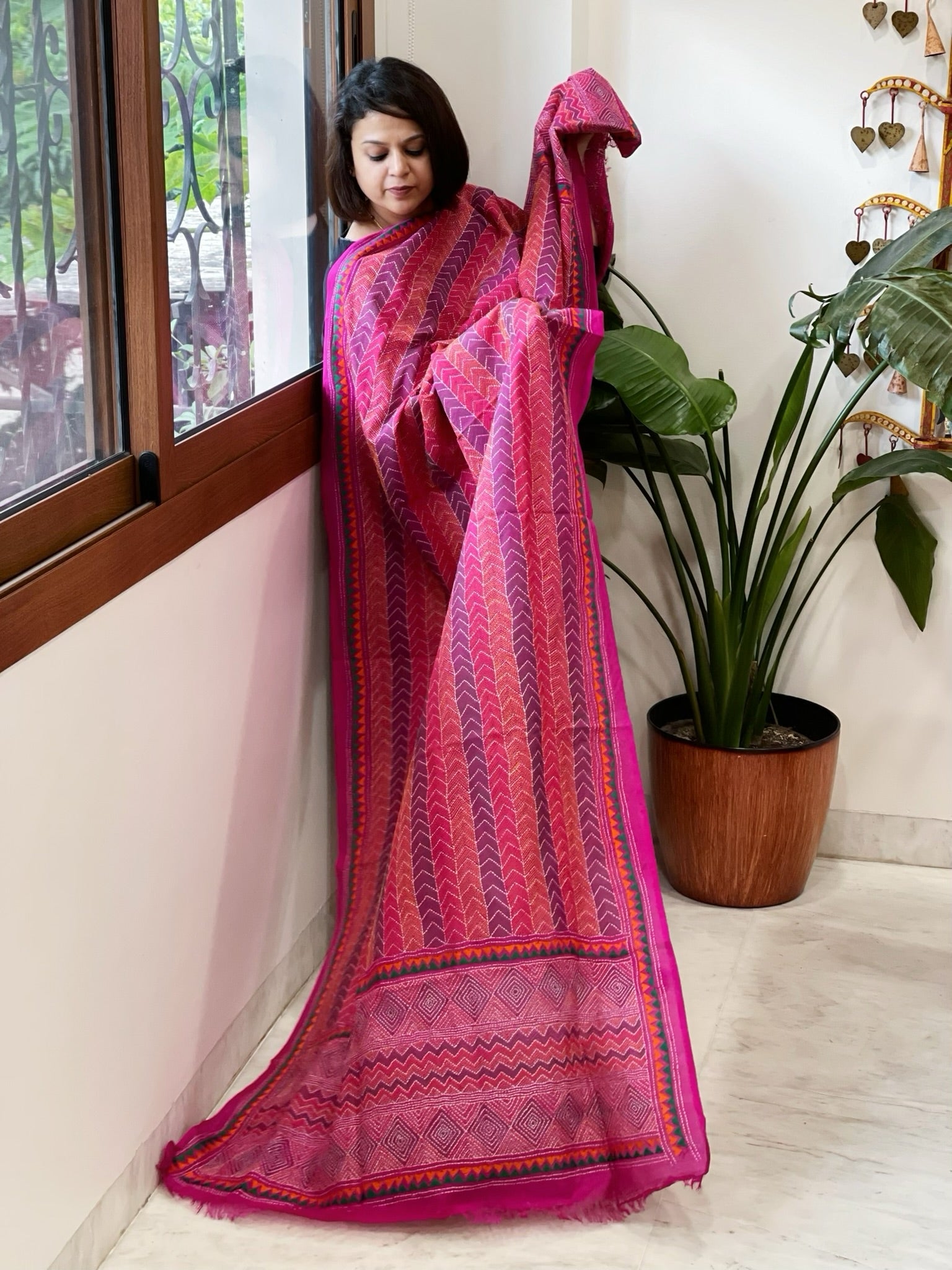 Orange, Pink Handmade Kantha Dupatta in Silk - Masakalee