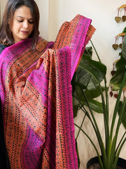 Orange, Pink Handmade Kantha Dupatta in Silk - Masakalee