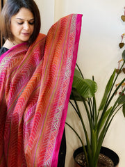 Orange, Pink Handmade Kantha Dupatta in Silk - Masakalee