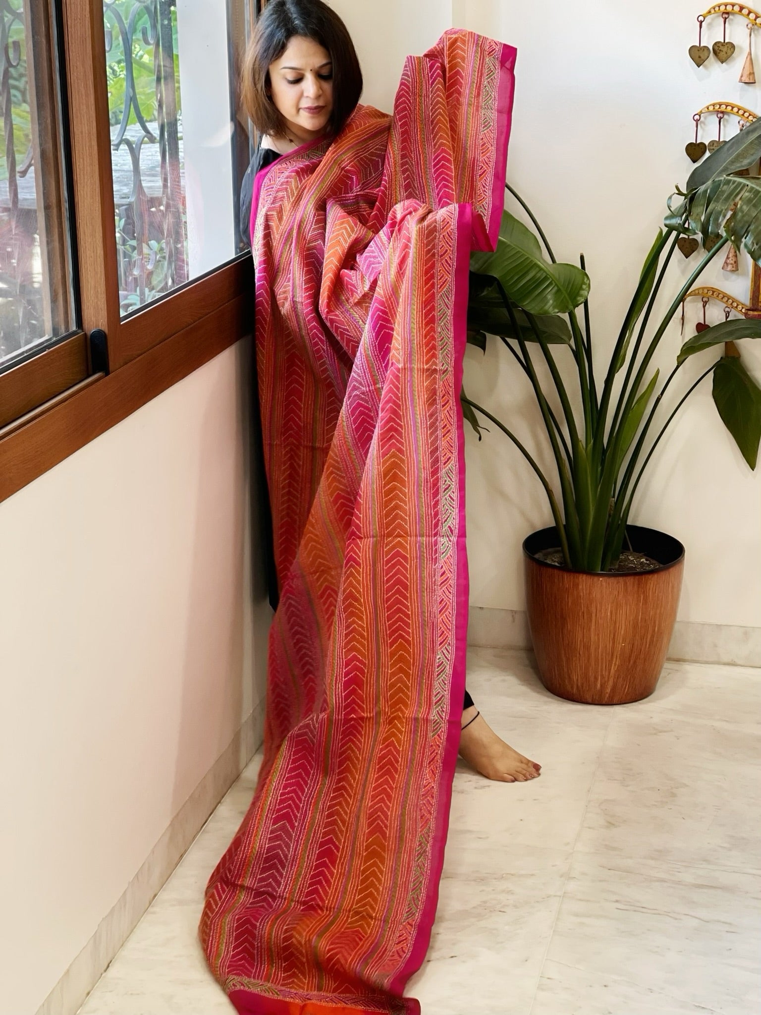 Orange, Pink Handmade Kantha Dupatta in Silk - Masakalee