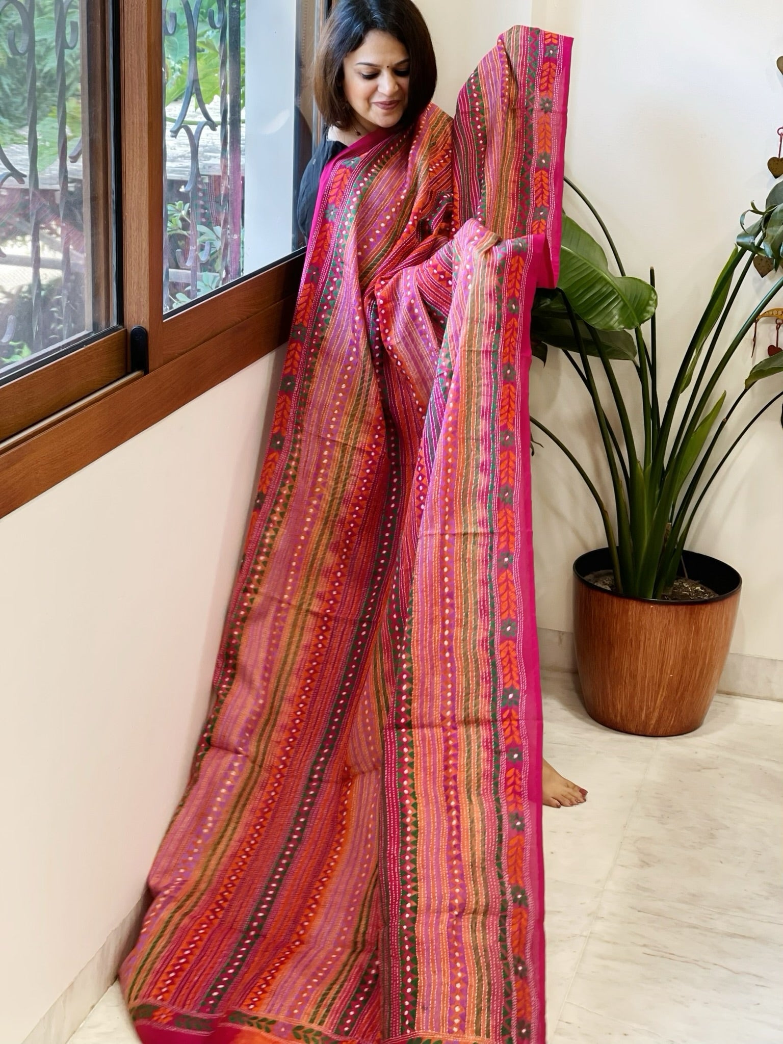 Orange, Pink Handmade Kantha Dupatta in Silk - Masakalee
