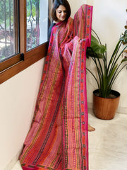 Orange, Pink Handmade Kantha Dupatta in Silk - Masakalee