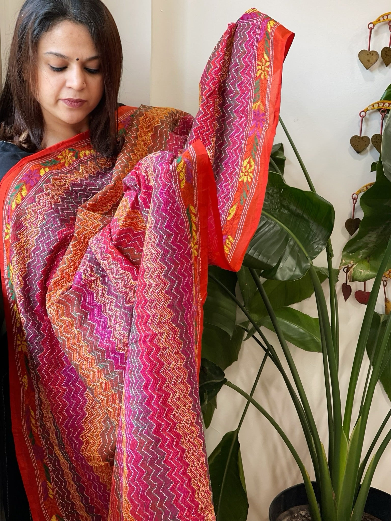 Orange, Pink Handmade Kantha Dupatta in Silk - Masakalee