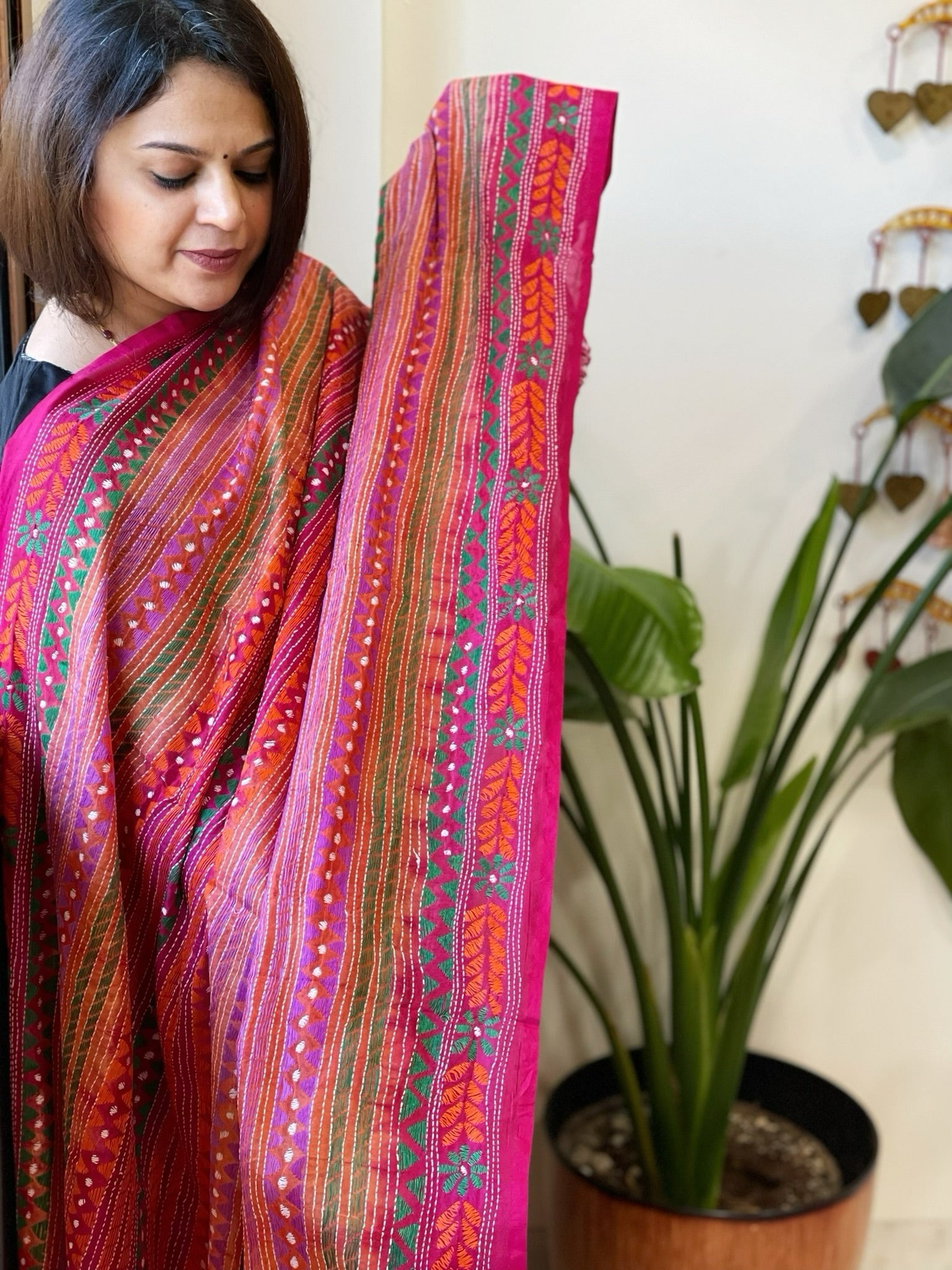 Orange, Pink Handmade Kantha Dupatta in Silk - Masakalee
