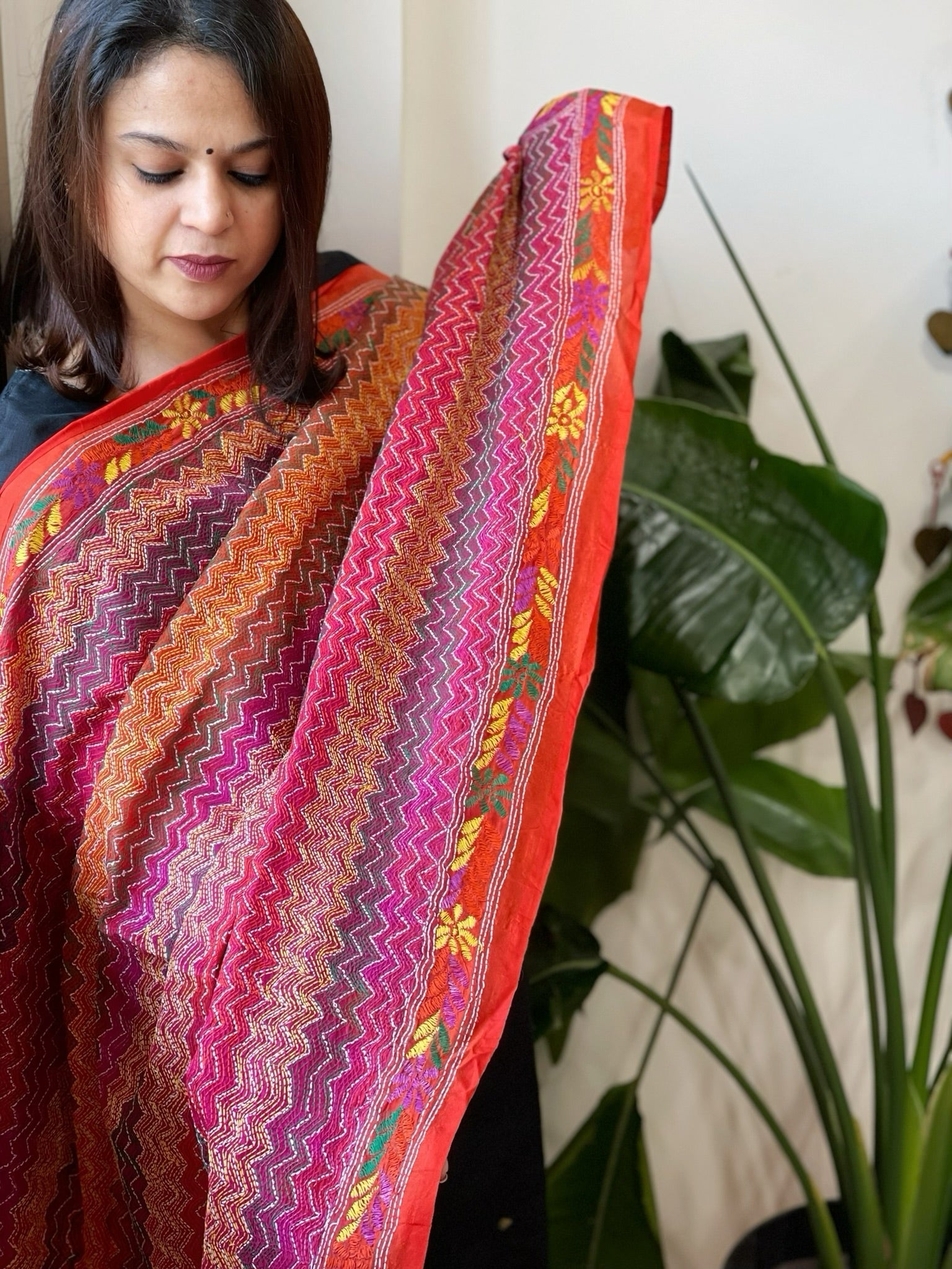 Orange, Pink Handmade Kantha Dupatta in Silk - Masakalee