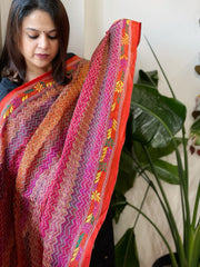 Orange, Pink Handmade Kantha Dupatta in Silk - Masakalee