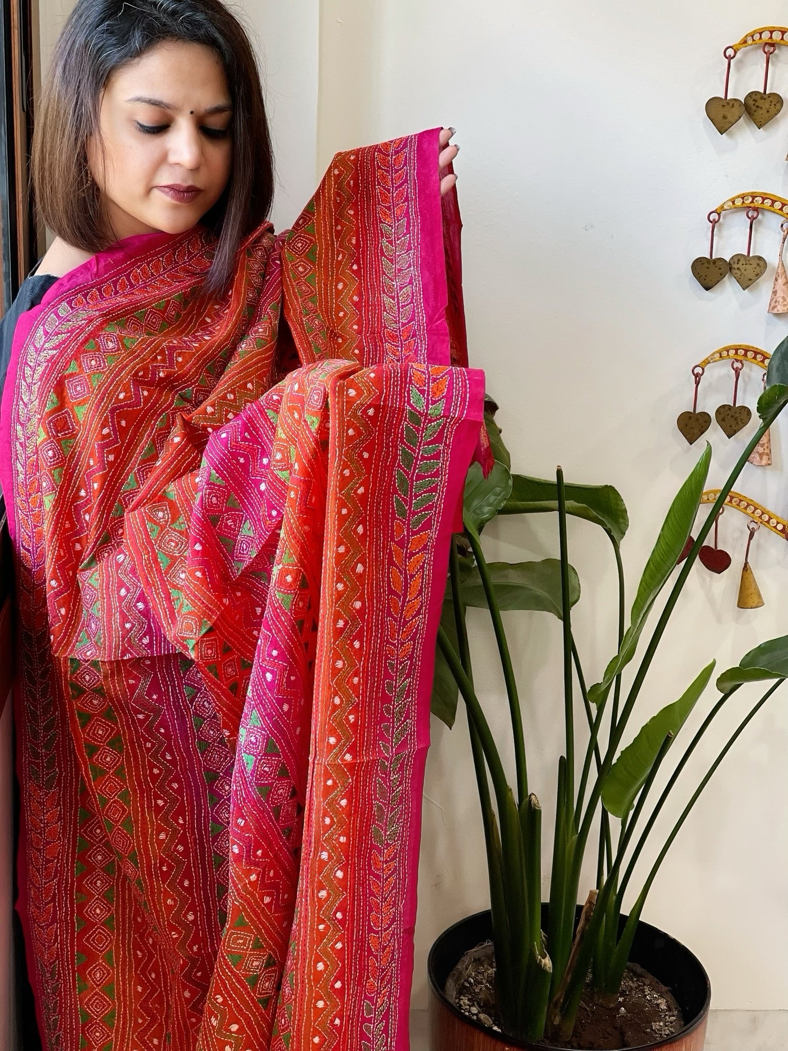 Orange, Pink Handmade Kantha Dupatta in Silk - Masakalee