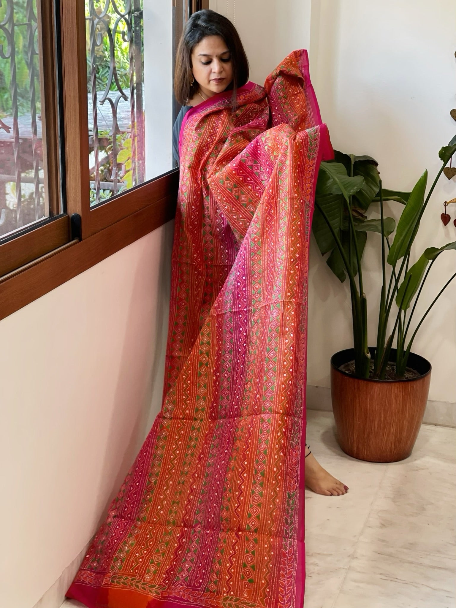 Orange, Pink Handmade Kantha Dupatta in Silk - Masakalee