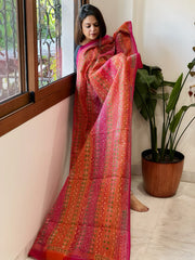 Orange, Pink Handmade Kantha Dupatta in Silk - Masakalee