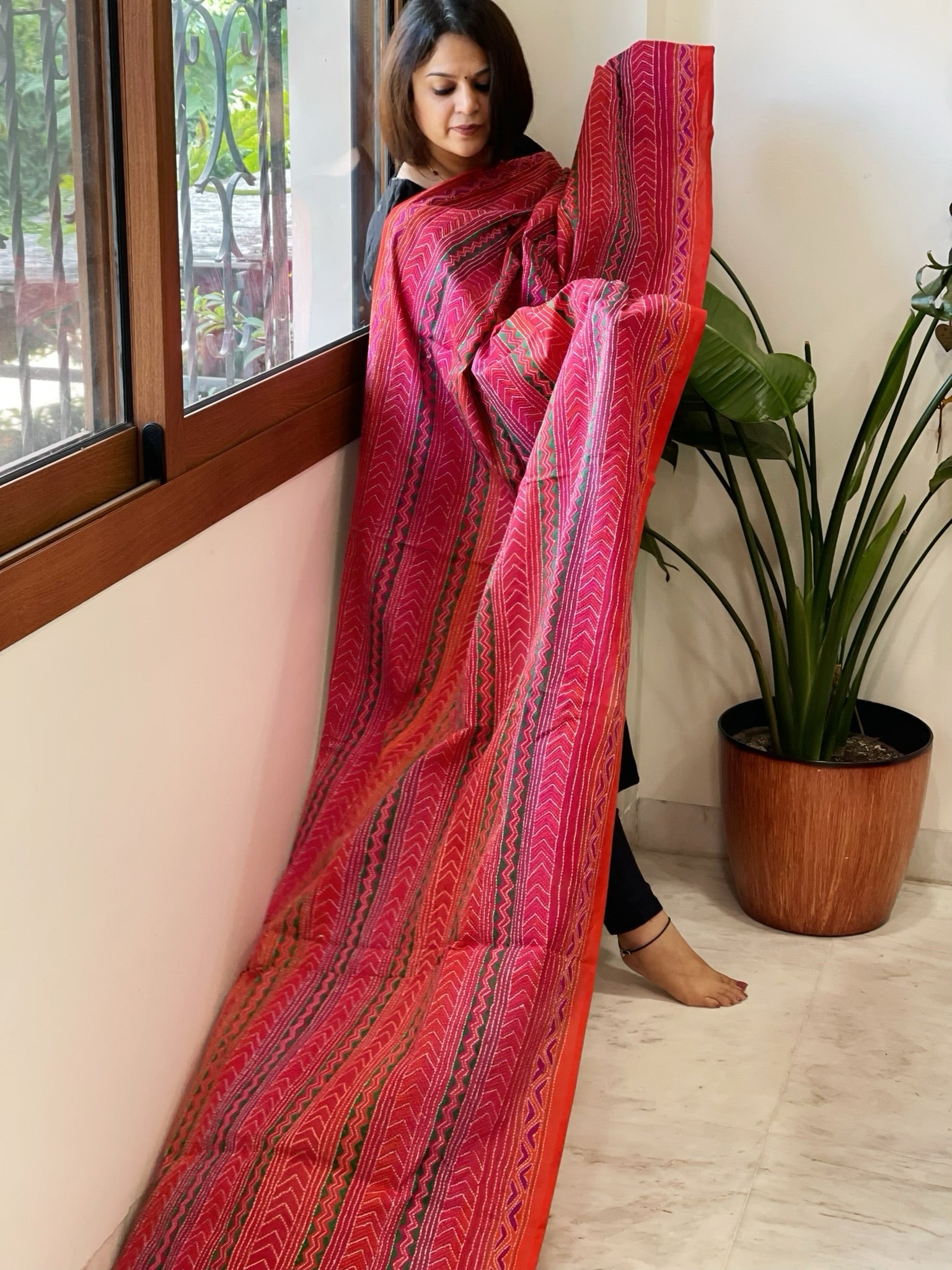 Orange, Pink Handmade Kantha Dupatta in Silk - Masakalee