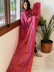 Orange, Pink Handmade Kantha Dupatta in Silk - Masakalee