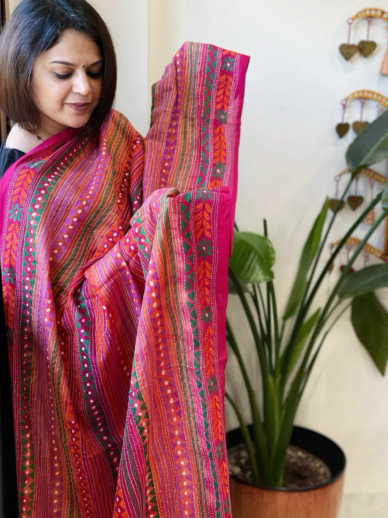 Orange, Pink Handmade Kantha Dupatta in Silk - Masakalee