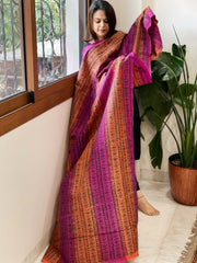Orange, Pink Handmade Kantha Dupatta in Silk - Masakalee