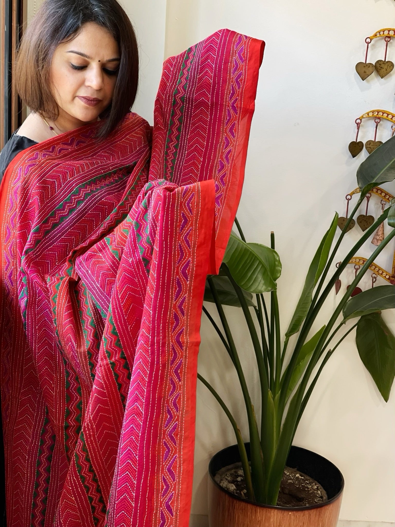 Orange, Pink Handmade Kantha Dupatta in Silk - Masakalee