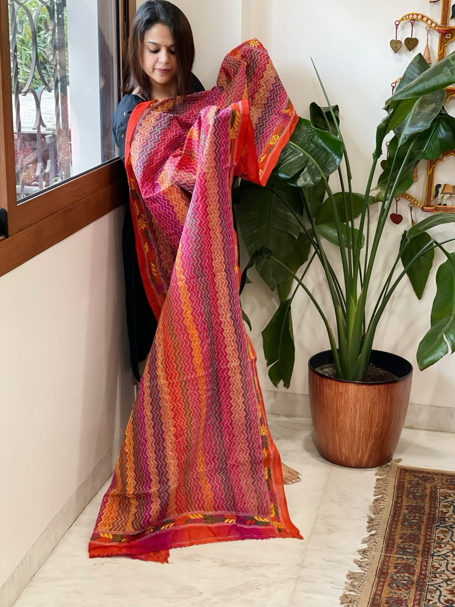 Orange, Pink Handmade Kantha Dupatta in Silk - Masakalee