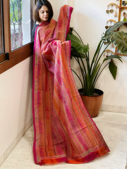 Orange, Pink Handmade Kantha Dupatta in Silk - Masakalee