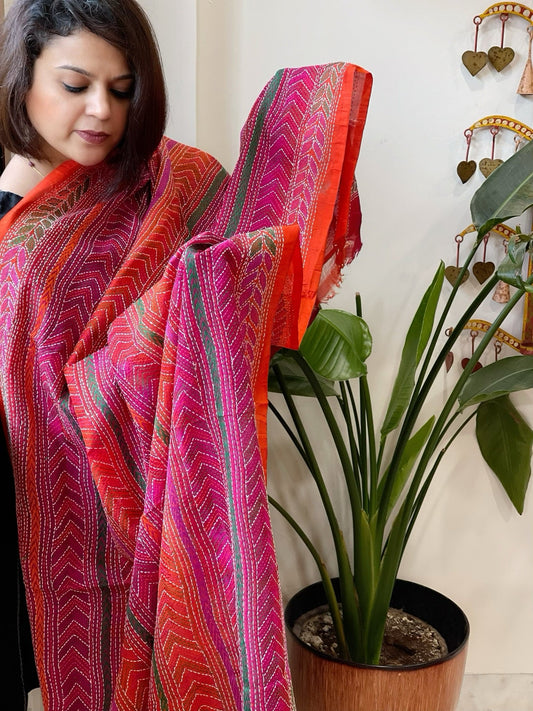Orange, Pink Handmade Kantha Dupatta in Silk - Masakalee