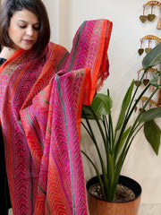 Orange, Pink Handmade Kantha Dupatta in Silk - Masakalee