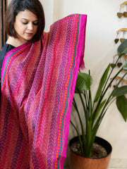 Orange, Pink Handmade Kantha Dupatta in Silk - Masakalee