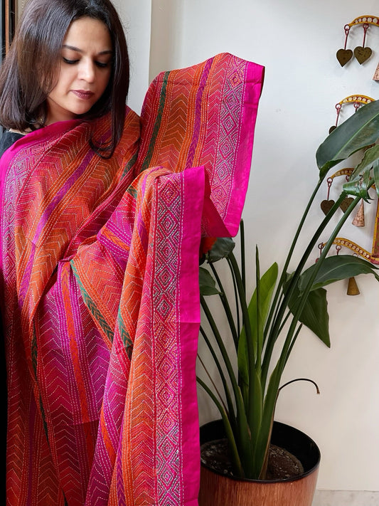 Orange, Pink Handmade Kantha Dupatta in Silk - Masakalee