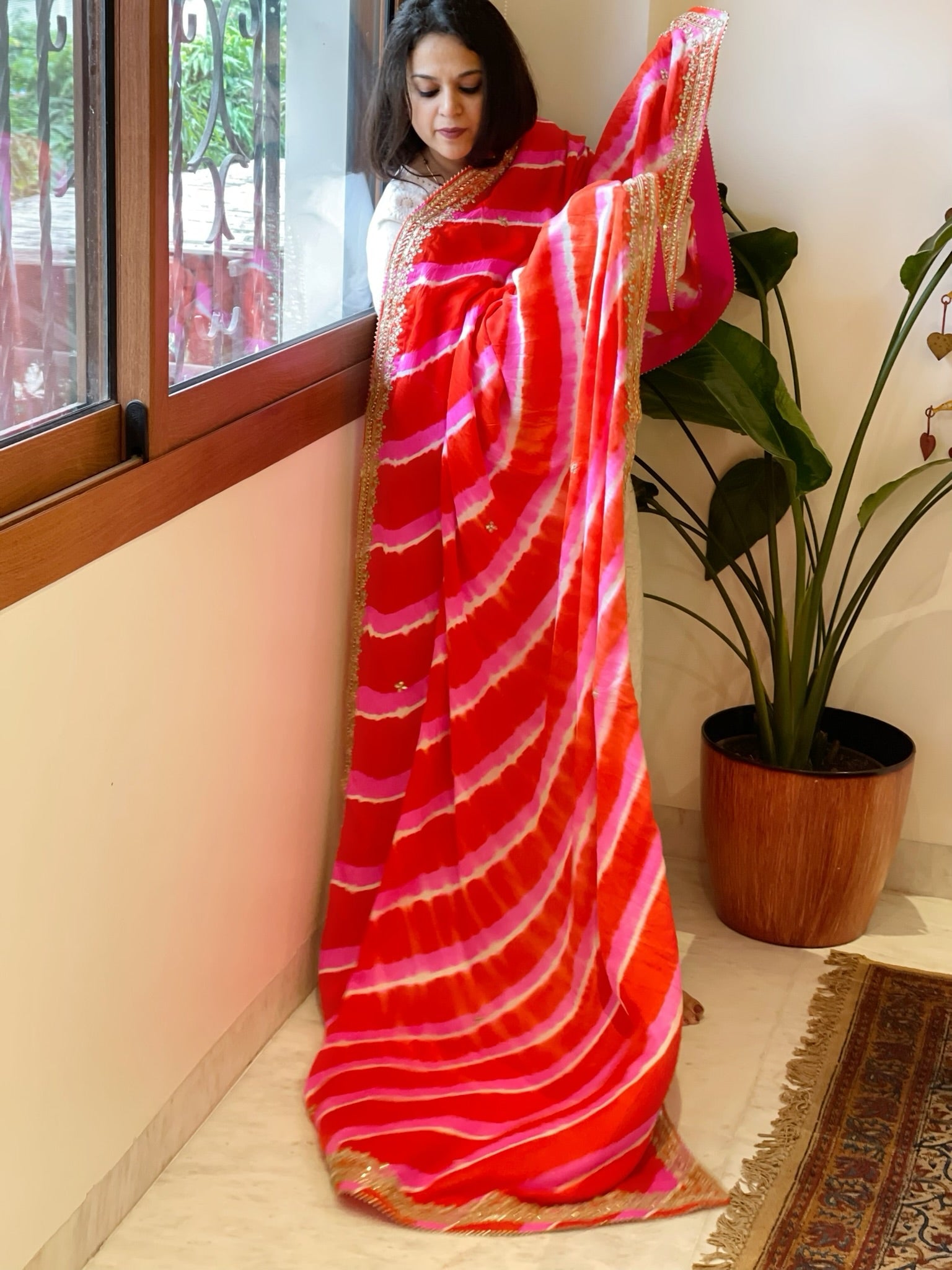 Orange, Pink Handmade Leheriya Dupatta with Gotapatti and Pearl Handwork in Pure Gajji Silk - Masakalee