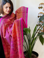 Orange, Pink Handmade Reverse Nakshi Kantha Dupatta in Silk - Masakalee