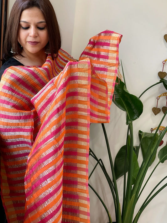 Orange, Pink Handwoven Chanderi Tissue Dupatta - Masakalee