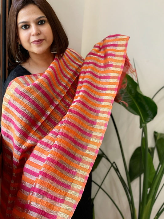 Orange, Pink Handwoven Chanderi Tissue Dupatta - Masakalee