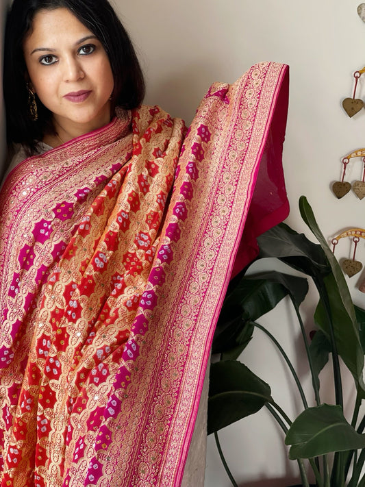 Orange, Pink Neemzari Bandhani Dupatta with Mukaish Handwork in Georgette - Masakalee