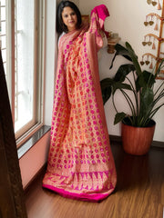 Orange, Pink Neemzari Bandhani Dupatta with Mukaish Handwork in Georgette - Masakalee